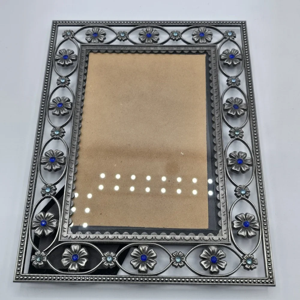 Heirloom Silvertone Floral Blue Jewel Design Photo Picture Frame Vtg